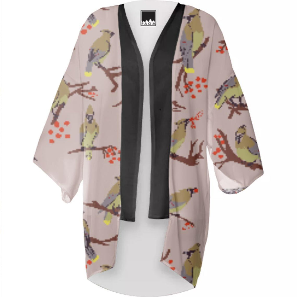 Cedar Waxwings Grey Pink Kimono