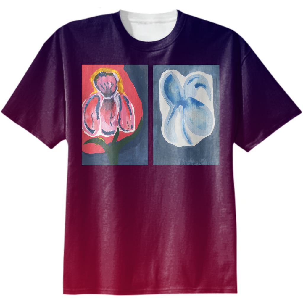 Abstract Red and Blue Gouache Flower on Deep Blue Background Gradient