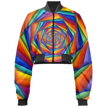 Psychedelic Rainbow Spiral Held Cropped Bomber Jacket