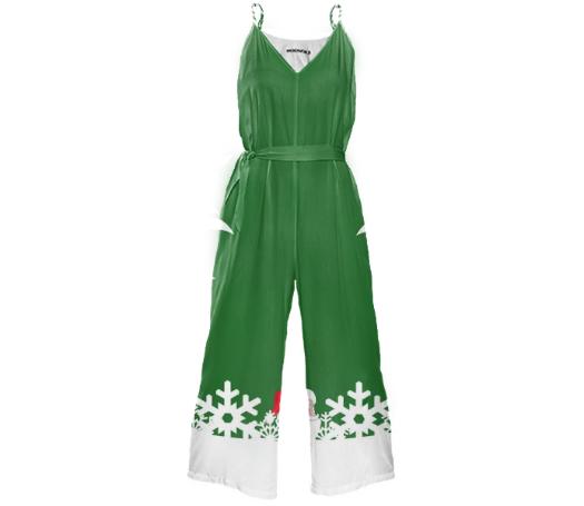SANTA CLAUS SNOWFLAKE CHRISTMAS TIE WAIST JUMPSUIT
