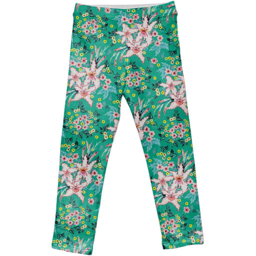 Tropical lily and yellow flowers on teal repeat pattern