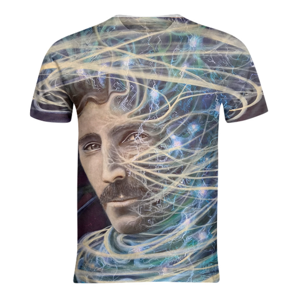 “Quintessence” featuring Nikola Tesla basic t-shirt by Katy McManus