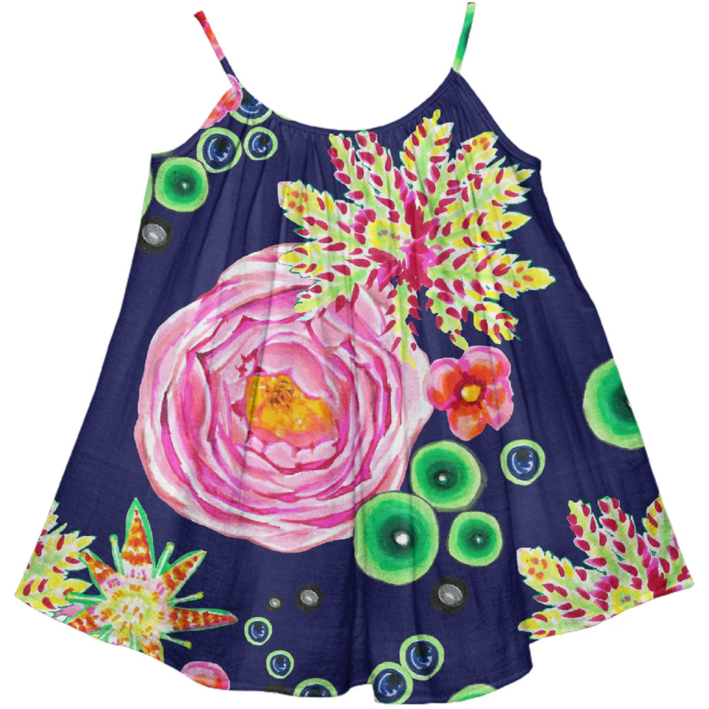 Tropical and pink rose floral with neon green bubbles on navy
