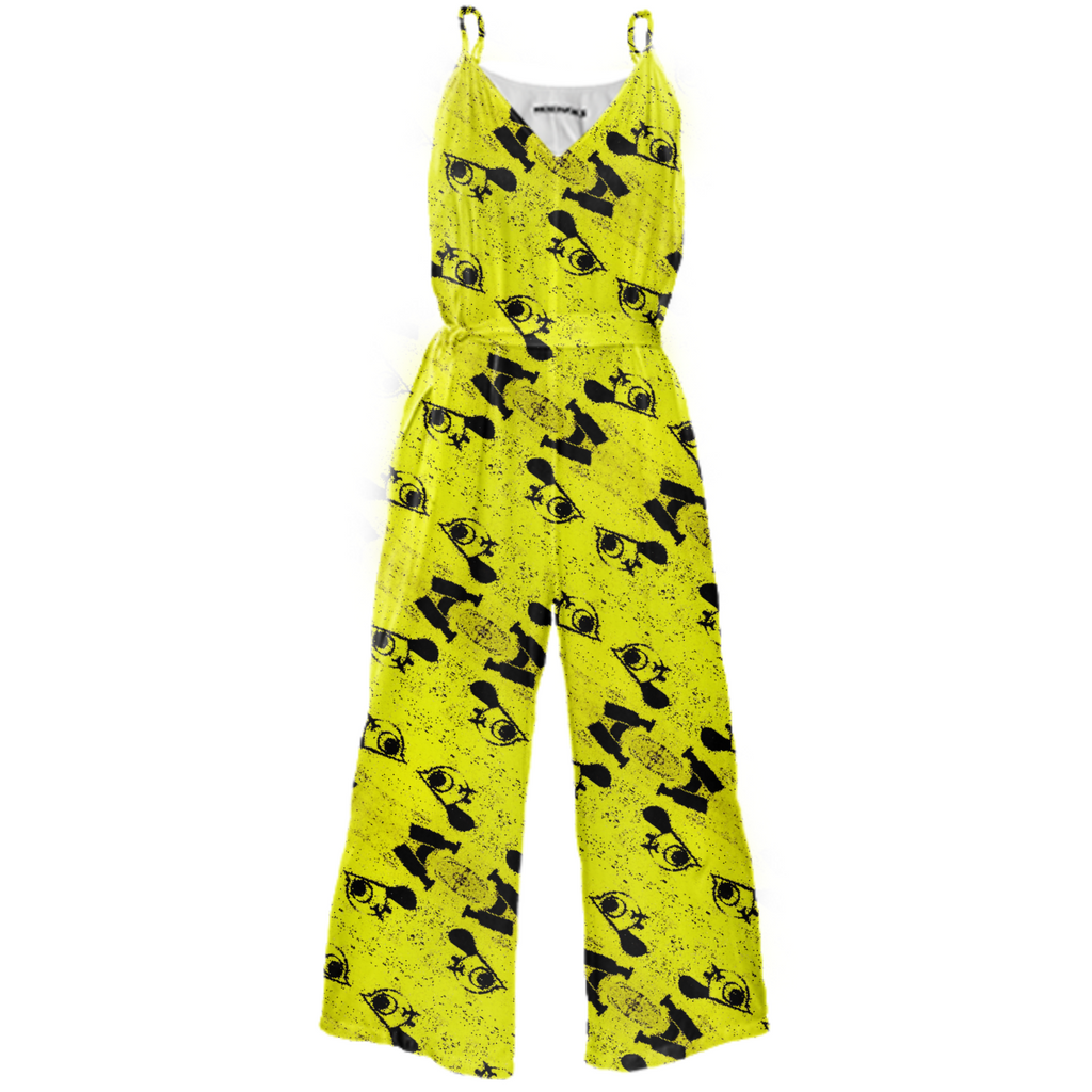 Abstract yellow bird pattern Silhouett tie waist jumpsuit