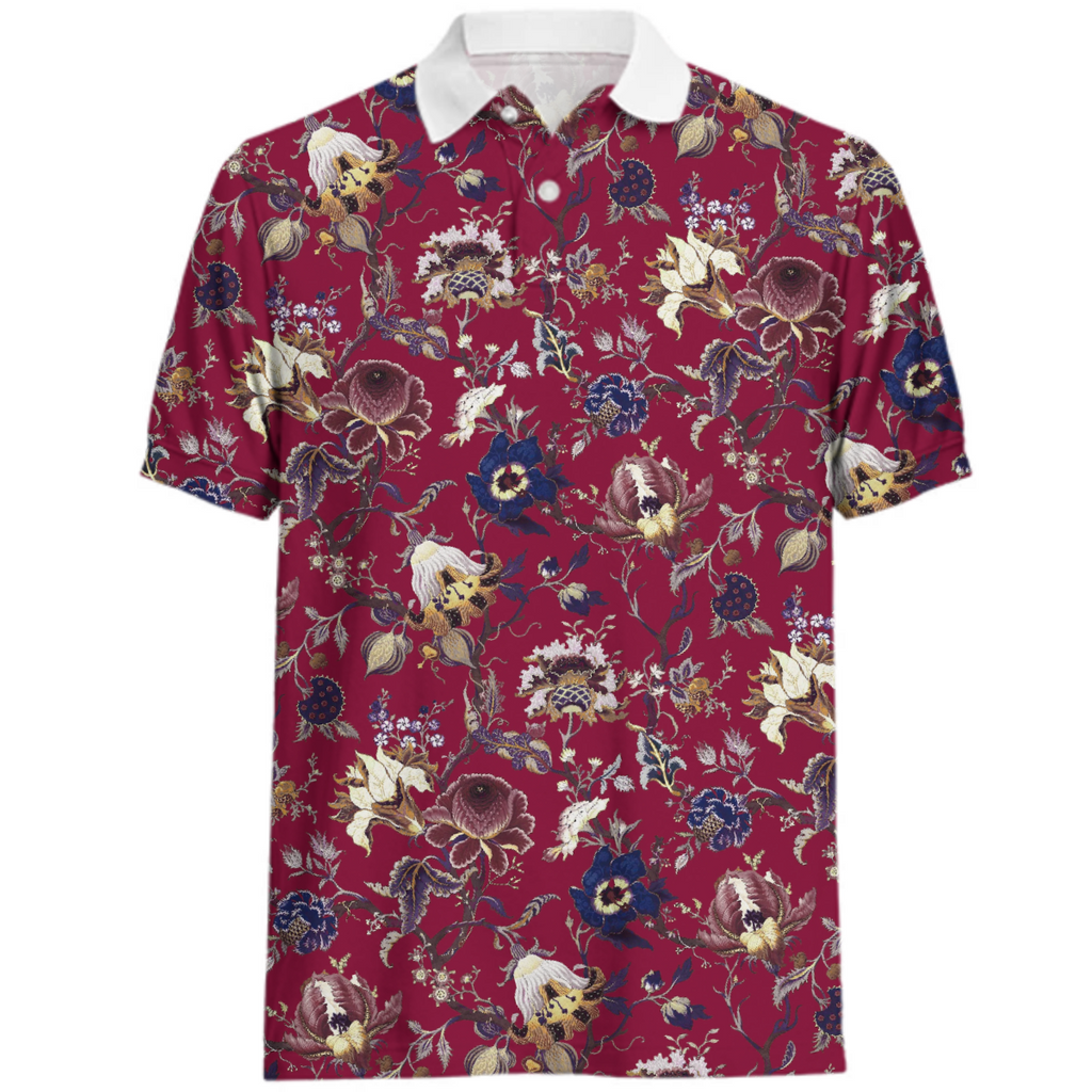 ornate red floral vintage wallpaper pattern polo shirt