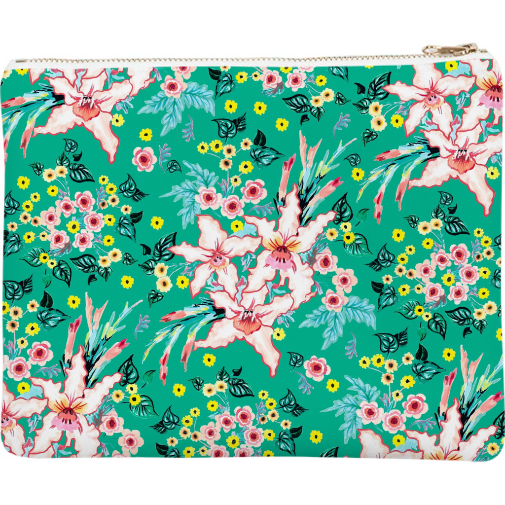 Tropical lily and yellow flowers on teal repeat pattern