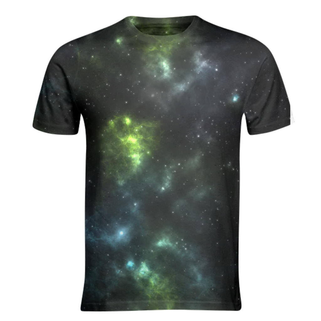 Colorful and magical, aesthetic nebula universe design  green blue shirt