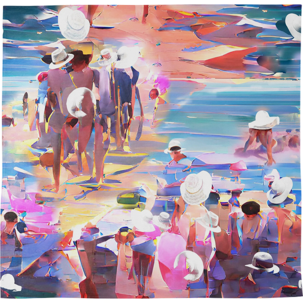 white hats, watercolor, lots of people, in hats, on the beach, heads turned away, scorching sun, chill aut, abstract art, multicolor, optimism